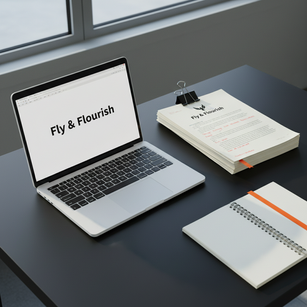A pristine white laptop with a sleek, minimalist design rests on a matte black desk, its screen displaying a blank document titled “Fly & Flourish” in confident, bold type. Next to it, a stack of printed manuscript pages is clipped together, the top page marked with vivid red pen edits and a phoenix logo in the header. A single bright orange bookmark peeks from a nearby notebook. Cool, diffused morning light from a large window to the side casts clean, defined shadows and subtle reflections on the desk surface. Shot from a slightly elevated angle with the rule of thirds, the photographic image feels modern, focused, and assertive, capturing the moment before powerful, honest writing begins.